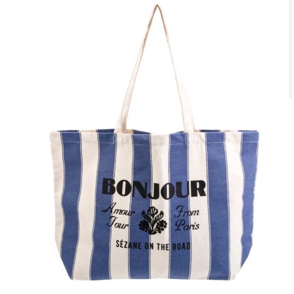 Sézane Amour Tour Bonjour from Paris Blue Striped Tote Bag | Sézane on the Road